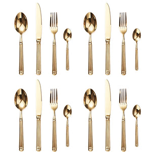 Julius Gold Stainless Steel Flatware Sets by Allthingscurated are crafted from high-quality 18/10 stainless steel. The weighty and solid construction provides a luxurious feel, while the Roman column handle design adds a touch of elegance. The mirror polished surface reflects a bright and shiny finish, adding a touch of sophistication to any table. Featured is place setting for 4 sets and 4 persons.