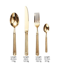 Load image into Gallery viewer, Julius Gold Stainless Steel Flatware Sets by Allthingscurated are crafted from high-quality 18/10 stainless steel. The weighty and solid construction provides a luxurious feel, while the Roman column handle design adds a touch of elegance. The mirror polished surface reflects a bright and shiny finish, adding a touch of sophistication to any table. Place setting for 1 includes 1 Dinner Spoon, 1 Dinner Knife, 1 Dinner Fork and 1 Teaspoon.
