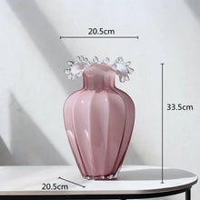 Load image into Gallery viewer, Anais Pink Beaded Vases by Allthingscurated are crafted from handblown glasses. Featuring a curvaceous body with an asymmetrical beaded rim that flares back like a collar.  Its captivating shape and romantic pink hue makes it a statement piece and a glamorous addition to your vase collection. Featured here is a large size. measuring 33.5cm or 13 inches in height and 20.5cm or 8 inches in width.
