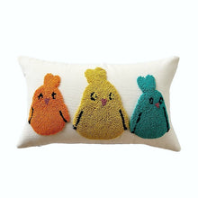 Load image into Gallery viewer, Spring Melody Embroidered Cushion Covers by Allthingscurated feature charming seasonal details to transition your home into Spring and Easter effortlessly. Each cover showcases meticulous embroidery to add depth and visual interest to your sofa and furniture. Design featured three colorful embroidered chicks in orange, yellow and cyan on 30 by 50 cm or 11.7 by 19.5 inches white cover.
