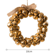 Load image into Gallery viewer, Christmas Jingle Bells Wreath by Allthingscurated comes in 3 semi-matte colors of Red, Multi Colors and Gold. The Multi Color Wreath features clusters of bell in green, red, ivory and brown. Each wreath is formed of bells made of iron entwined onto a jute rope and truly jingle with each movement. Measures approximately 18cm or 7 inches in width and height.
