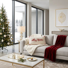 Load image into Gallery viewer, A decorated Christmas tree stands in a living room with a gray sofa, a “Merry Christmas” pillow, and a red throw blanket. A marble coffee table holds a chocolate treat, perfect for home decor shopping.
