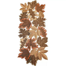 Load image into Gallery viewer, Autumn Maple Leaf Placemat and Table Runner by Allthingscurated featured detailed embroidery design of maple leaves in a beautiful spectrum of colors from light brown, to orangey and reddish hues. Perfect for creating a stunning autumnal table setting and adding a refined autumn touch to your living space and autumn-themed home décor. Seen here is the maple leaf-patterned large placemat.
