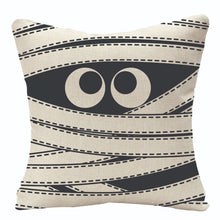 Load image into Gallery viewer, Halloween Ghost and Cat Cushion Cover collection by Allthingscurated is available in 6 unique prints and 4 different sizes.  Add them to your sofa and see them transform your cozy space for the Halloween season in an instant.  Shown here is the mummy ghost design.
