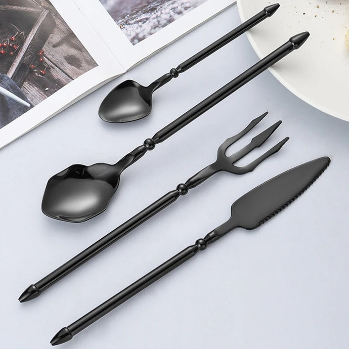 Neptune 4-piece Flatware Set by Allthingscurated beautifully blends mythical design with modern construction. Made from high-quality 18/10 stainless steel with a sleek mirror polishing for a modern look. Inspired by Poseidon’s Trident, the dinner fork is expertly shaped to resemble the 3-pronged spear. Unique and elegant, the place setting comes in silver, gold, rose gold, black and colorful rainbow and each set consists of a dinner spoon, dinner fork, dinner knife and a small spoon.