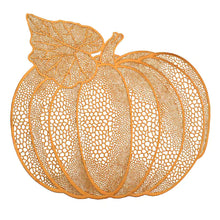 Load image into Gallery viewer, Pumpkin Vinyl Placemats by Allthingscurated are designed with perforated hollow patterns to create a unique texture and add dimension to your table setting. Made from durable PVC vinyl, they are stain-resistant and easy to maintain. Perfect for Thanksgiving and Halloween celebrations. Featured here is placemat in orange,
