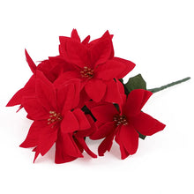 Load image into Gallery viewer, Red poinsettia flowers on a white background. Bring the true spirit of the holidays into your home with this bundle of 5 classic red Faux Poinsettia by Allthingscurated. These timeless blooms complement any festive palette and instantly evokes Christmas cheer.
