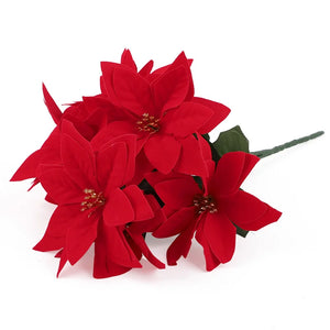 Red poinsettia flowers on a white background. Bring the true spirit of the holidays into your home with this bundle of 5 classic red Faux Poinsettia by Allthingscurated. These timeless blooms complement any festive palette and instantly evokes Christmas cheer.