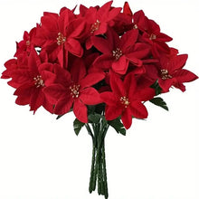 Load image into Gallery viewer, Bouquet of red poinsettias on a white background. Bring the true spirit of the holidays into your home with this bundle of 5 classic red Faux Poinsettia by Allthingscurated. These timeless blooms complement any festive palette and instantly evokes Christmas cheer.
