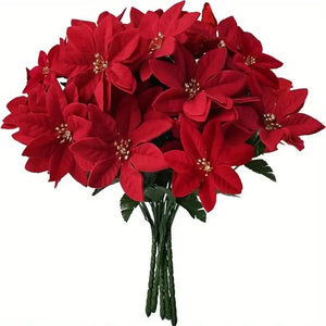Bouquet of red poinsettias on a white background. Bring the true spirit of the holidays into your home with this bundle of 5 classic red Faux Poinsettia by Allthingscurated. These timeless blooms complement any festive palette and instantly evokes Christmas cheer.