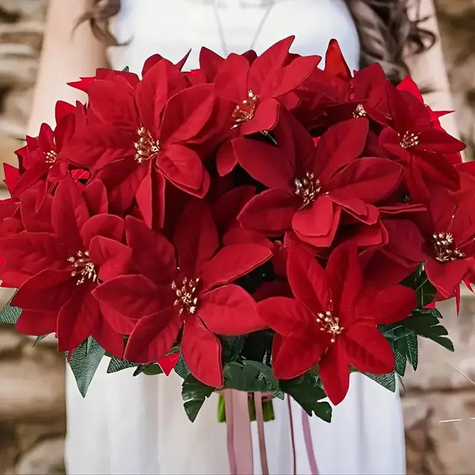 Bouquet of red poinsettias with a blurred background. Bring the true spirit of the holidays into your home with this bundle of 5 classic red Faux Poinsettia by Allthingscurated. These timeless blooms complement any festive palette and instantly evokes Christmas cheer.