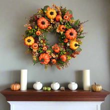 Load image into Gallery viewer, Pumpkin Harvest by Allthingscurated boasts a plentiful autumnal pumpkins and a vibrant fall color scheme. This classic holiday décor measures approximately 45cm or 17.6 inches in width and height. It’s the perfect home décor accessory to mark the beginning of a new season.
