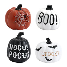 Load image into Gallery viewer, Halloween Pumpkin Tabletop Ornaments by Allthingscurated are the perfect additions to enhance the spooky ambience of your Halloween décor. Great for dressing up your dining table for a spooky gathering or simply pile them up on your mantels or tabletops as fun decorations for the season. Available in 4 different pumpkin designs. Featured here is a set of 4 pumpkin designs.
