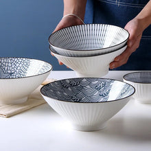 Load image into Gallery viewer, This Blue and White Japanese Ramen Bowls by Allthingscurated feature a modern, Asian design in a conical shape with a white fluted exterior, the porcelain bowls spot a beautiful, Japanese-inspired print for the interior. Comes in 4 different designs, this versatile bowl is not just for ramen, but also great for soups, curries and salads.
