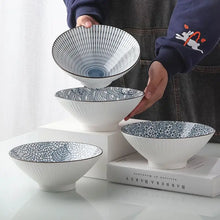Load image into Gallery viewer, This Blue and White Japanese Ramen Bowls by Allthingscurated feature a modern, Asian design in a conical shape with a white fluted exterior, the porcelain bowls spot a beautiful, Japanese-inspired print for the interior. Comes in 4 different designs, this versatile bowl is not just for ramen, but also great for soups, curries and salads.
