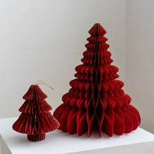 Load image into Gallery viewer, Honeycomb Christmas Trees by Allthingscurated featured a set of 2 sculptural trees expertly crafted with paper to bring a pretty and festive touch to your Yuletide decorations. These delightful paper decorations are simple to assemble and store away, making them reusable year after year. Comes in 2 styles and 4 color groupings of Red, Brown, White and Black. Each set consists of a small and large tree. Featured is a set of Red trees.
