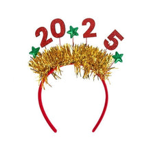 Load image into Gallery viewer, These dazzling 2025 Happy New Year Glitter Headbands by Allthingscurated will be the highlight of your countdown party. Designed with shiny tinsel and decorated with stars, these festive and fashionable party headbands come in 5 designs and colors—they will be the perfect accessory to welcome the New Year in style. Featured here is the headband with red 2025, gold tinsel and green stars.
