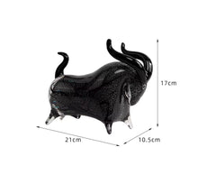 Load image into Gallery viewer, Black bull with dimensions on a white background. Rex Decorative Bull by Allthingscurated are meticulously handmade from high quality glass. Comes in three striking finishes—an all-all black edition or two-tone variants featuring bold graphic elements. Rex brings contemporary flair and bold energy to any room. More than décor, it’s an ideal gift for those born under the Ox zodiac and Taurus sign.
