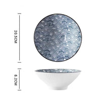 Load image into Gallery viewer, This Blue and White Japanese Ramen Bowls by Allthingscurated feature a modern, Asian design in a conical shape with a white fluted exterior, the porcelain bowls spot a beautiful, Japanese-inspired print for the interior. Comes in 4 different designs, this versatile bowl is not just for ramen, but also great for soups, curries and salads. Seen here is the Sea Waves design.
