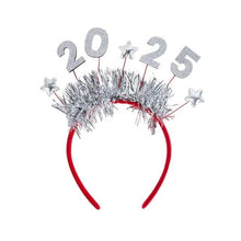 Load image into Gallery viewer, These dazzling 2025 Happy New Year Glitter Headbands by Allthingscurated will be the highlight of your countdown party. Designed with shiny tinsel and decorated with stars, these festive and fashionable party headbands come in 5 designs and colors—they will be the perfect accessory to welcome the New Year in style. Featured here is the headband with silver 2025, silver tinsel and silver stars.
