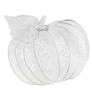 Pumpkin Vinyl Placemats by Allthingscurated are designed with perforated hollow patterns to create a unique texture and add dimension to your table setting. Made from durable PVC vinyl, they are stain-resistant and easy to maintain. Perfect for Thanksgiving and Halloween celebrations.  Featured here is placemat in silver.