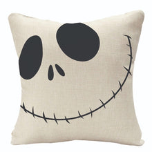 Load image into Gallery viewer, Halloween Ghost and Cat Cushion Cover collection by Allthingscurated is available in 6 unique prints and 4 different sizes.  Add them to your sofa and see them transform your cozy space for the Halloween season in an instant.  Shown here is the skeleton design.
