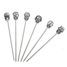 Load image into Gallery viewer, Funky Skull design cocktail picks by Allthingscurated. In 6 assorted silver design and made from food-grade stainless steel. Measures approximately 11.5cm or 4.5 inches in length.
