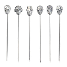 Load image into Gallery viewer, Funky Skull design cocktail picks by Allthingscurated. In 6 assorted silver design and made from food-grade stainless steel. Measures approximately 11.5cm or 4.5 inches in length.
