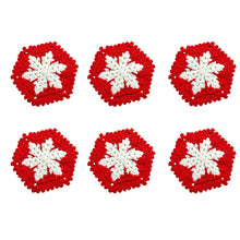 Load image into Gallery viewer, This is a set of 6 crochet coasters in Red and white Snowflake design in hexagonal shape.
