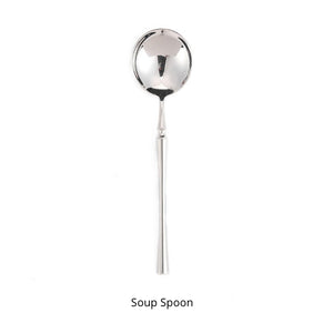 Bright Silver Stainless Steel flatware by Allthingscurated crafted from high-quality stainless steel with a forged construction ensures durability.  It has a bright silver mirror finish that will add a touch of elegance to any meal.  This is a Soup Spoon.