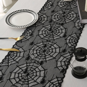 Black Lace Spider Web Table Runner by Allthingscurated. This stunning Black Spider Web Table Runner designed in elegant black lace featuring spiders and cobweb embroidery will make a bold statement for your Halloween table setting.