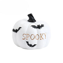 Load image into Gallery viewer, Halloween Pumpkin Tabletop Ornaments by Allthingscurated are the perfect additions to enhance the spooky ambience of your Halloween décor. Great for dressing up your dining table for a spooky gathering or simply pile them up on your mantels or tabletops as fun decorations for the season. Available in 4 different pumpkin designs. Featured here is white pumpkin design with black bats and spooky wording.
