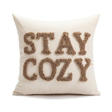 Load image into Gallery viewer, Elevate your seasonal décor with this curated selection of holiday Decorative Christmas Pillows and Covers Collection by Allthingscurated. Sewn from quality, soft fabrics with thoughtful tufted details, each piece delivers both comfort and visual appeal to your home. See here is Stay Cozy design pillow cover with tufted letters.
