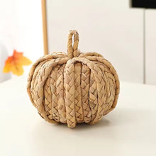 Load image into Gallery viewer, This Woven Straw Pumpkin by Allthingscurated is hand-woven with natural hyacinth straw. It is the perfect ornament to complement your autumn aesthetic and create a cozy and warm touch to any space.
