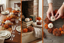 Load image into Gallery viewer, An autumn-themed collage with three vertical panels showing fall home decor scenes: a decorated dining table, a cozy fireplace with pumpkins and books, and hands assembling a decorative wreath with pumpkins. Showing endless possibilities with these Velvet Pumpkins by Allthingscurated
