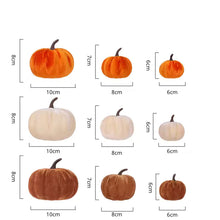 Load image into Gallery viewer, Nine pumpkin-shaped decorative items in different sizes and colors are arranged on a white background with height, width, and size labels in centimeters.
