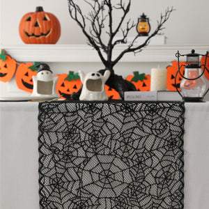 Black Lace Spider Web Table Runner by Allthingscurated. This stunning Black Spider Web Table Runner designed in elegant black lace featuring spiders and cobweb embroidery will make a bold statement for your Halloween table setting. Shown here is design with only cobweb embroidery.