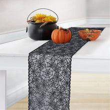 Load image into Gallery viewer, Black Lace Spider Web Table Runner by Allthingscurated. This stunning Black Spider Web Table Runner designed in elegant black lace featuring spiders and cobweb embroidery will make a bold statement for your Halloween table setting.
