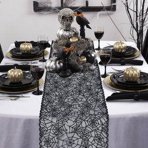 Black Lace Spider Web Table Runner by Allthingscurated. This stunning Black Spider Web Table Runner designed in elegant black lace featuring spiders and cobweb embroidery will make a bold statement for your Halloween table setting.