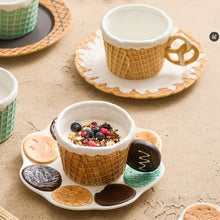 Load image into Gallery viewer, The Waffle Cup and Plate collection by Allthingscurated features a charming waffle pattern and whimsical biscuit design that will bring a smile to your breakfast. Each piece is hand painted on porcelain. Perfect for breakfast and tea time. Makes a great gift for any occasion. Cup and plate each comes in 4 designs to choose from.
