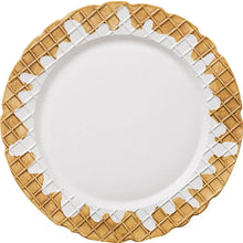 Load image into Gallery viewer, The Waffle Cup and Plate collection by Allthingscurated features a charming waffle pattern and whimsical biscuit design that will bring a smile to your breakfast. Each piece is hand painted on porcelain. Perfect for breakfast and tea time. Makes a great gift for any occasion. Cup and plate each comes in 4 designs to choose from. Featured here is round plate in waffle-rimmed design.
