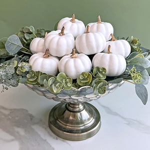 Faux Mini White Pumpkins by Allthingscurated is the perfect party decoration for Halloween, Thanksgiving and all fall festivities.  Comes in a bundle of 6 mini pumpkins they will lend your home a festive touch.  Great as fillers for your vase and decorative bowls.