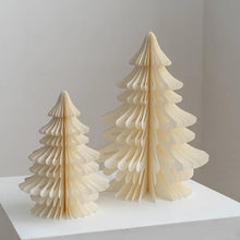 Load image into Gallery viewer, Honeycomb Christmas Trees by Allthingscurated featured a set of 2 sculptural trees expertly crafted with paper to bring a pretty and festive touch to your Yuletide decorations. These delightful paper decorations are simple to assemble and store away, making them reusable year after year. Comes in 2 styles and 4 color groupings of Red, Brown, White and Black. Each set consists of a small and large tree. Feature here is a set of White Trees.
