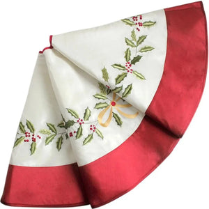 Faux Silk Winter Berry Tree Skirt by Allthingscurated spots a polished and luxurious look with a smooth, satiny touch. The classic winter berry motif is embroidered into the elegant beige fabric with a festive red border, adds a polished and finished look to your tree. Measures 127cm or 50 inches in width.