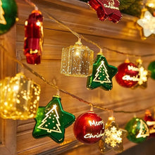 Load image into Gallery viewer, Transform your space into a vibrant holiday haven with these Christmas Decorative LED String Lights from Allthingscurated. Featuring fun gift box, stars and round bauble to add warmth and magical sparkle to your space and tree. Comes in 2 lengths consisting of 10 or 20 LED lights.
