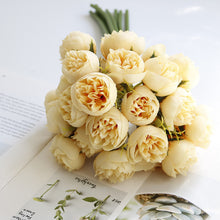 Load image into Gallery viewer, Silk Peony Bouquets by Allthingscurated are made of soft, realistic silk in 6 lovely colors to last through all seasons. Perfect for home décor or as a romantic wedding bouquet.  Featured here is the color Yellow.
