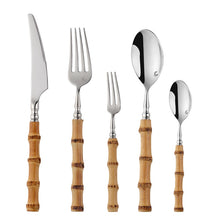 Load image into Gallery viewer, Allthingscurated Natural Bamboo Cutlery Set consisting of 1 dinner knife, 1 dinner spoon, 1 dinner fork, 1 teaspoon and 1 fruit fork. Available in 5-piece set for 1 person, or 20-piece set for 4 persons and 30-piece set for 6 persons. Made of 18/10 stainless steel and natural bamboo for handle.
