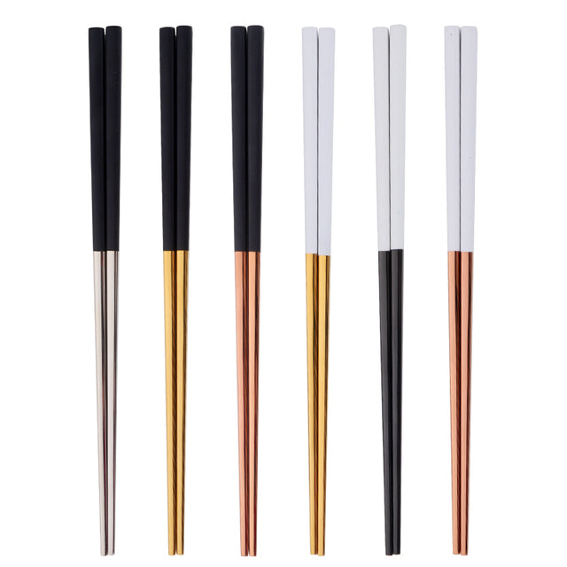 Allthingscurated Chinese Chopsticks in 6 assorted color combinations of Black and Gold, Black and Rose Gold, Black and Silver, White and Black, White and Gold, White and Rose Gold.