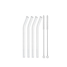 Load image into Gallery viewer, Allthingscurated’s super-short glass straws measures only 15cm or 6 inches. Suitable for drinks in any glass type from lowball, martini, margarita, tumbler, whiskey to mason jar. Package includes 4 straws plus 2 cleaning brushes. Made of high-grad borosilicate glass that is cold and heat-resistant.  This selection is for a bent straw design.
