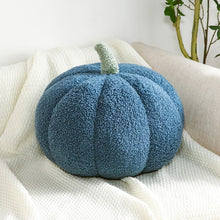 Load image into Gallery viewer, Pumpkin Pillows in teddy cotton with a tufted surface by Allthingscurated come in 3 sizes and 7 colors.  These pillows are plush and comfy, perfect for Fall and Halloween. Sizes available in 20cm, 28cm and 35cm in height or 8 inches, 11 inches and 13.7 inches in height. Colors come in white, green, blue, yellow, orange, red and brown. Featured here is a Blue pillow.
